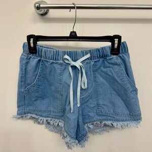 Light Blue Denim Drawstring Frayed Hem Women's Shorts